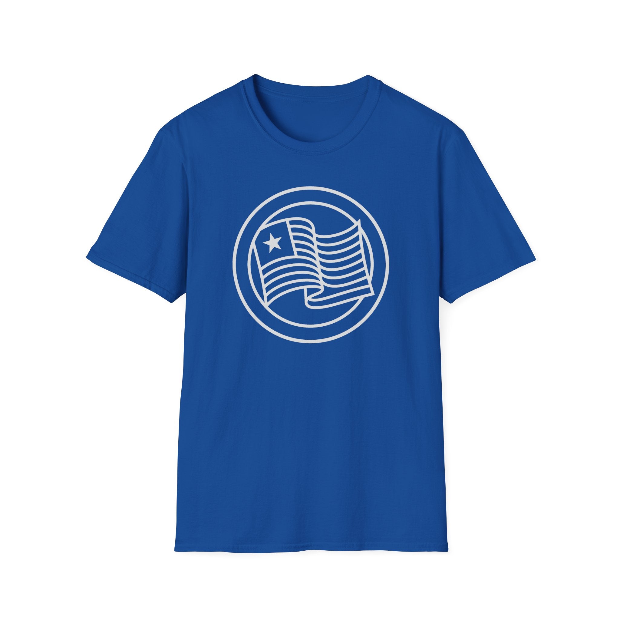 Royal blue t-shirt with round flag graphic printed on the front