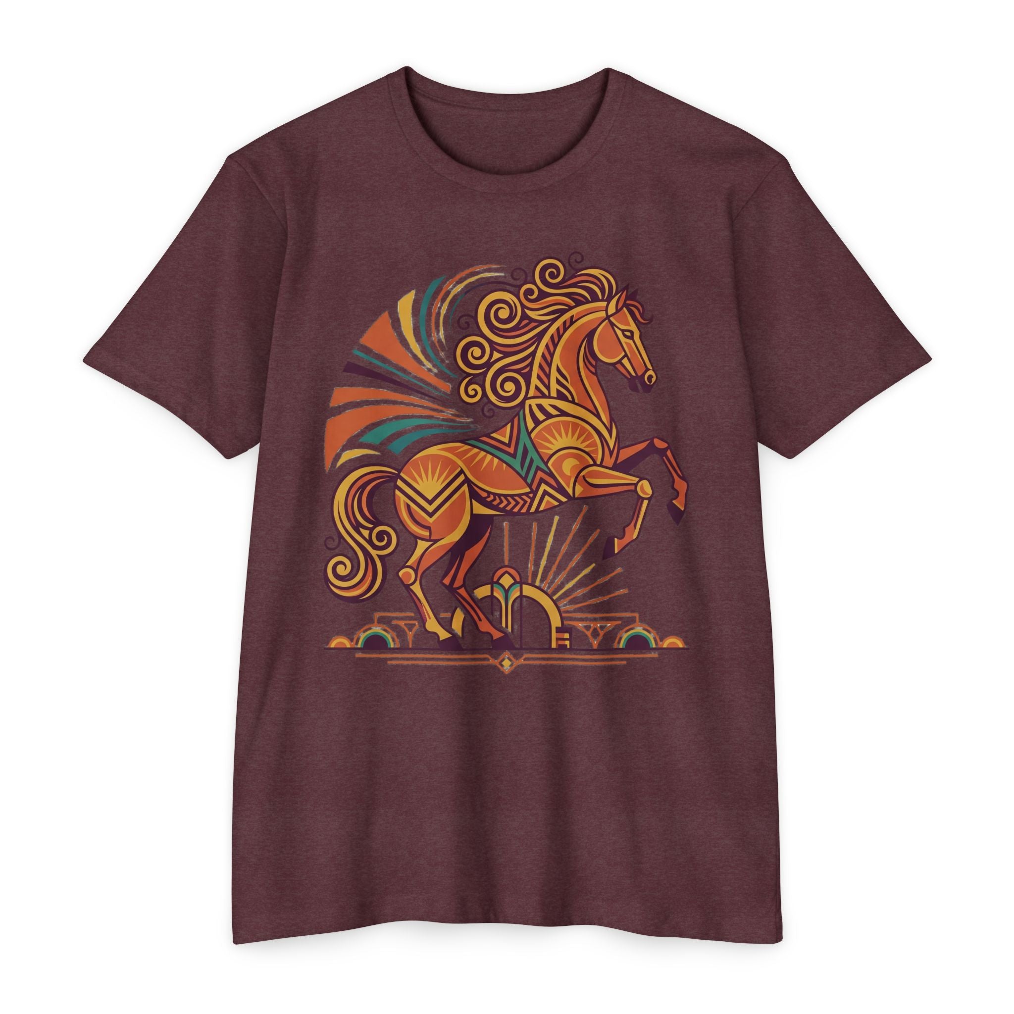 Burgundy t-shirt with prancing horse graphic in orange and teal swirl details.