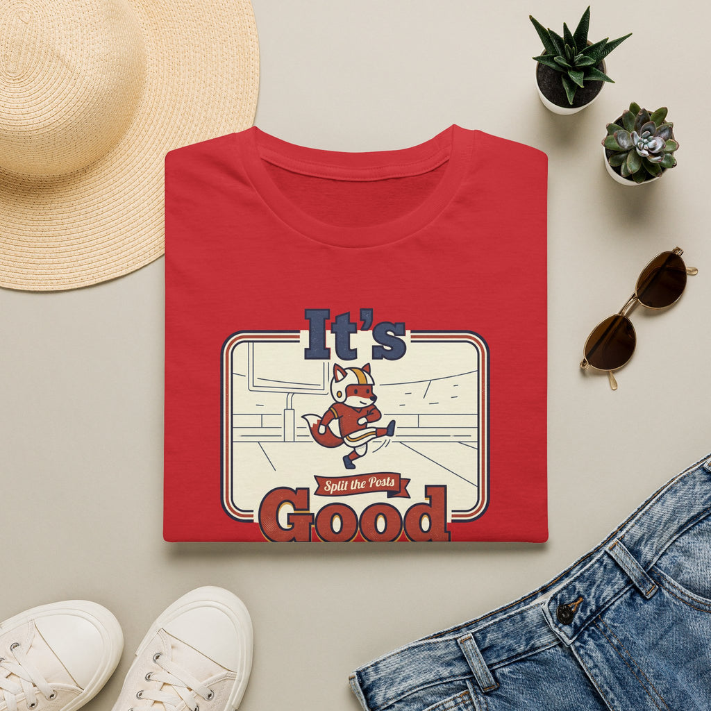 Red T-shirt with vintage skate fox graphic and “It’s Good” slogan centered