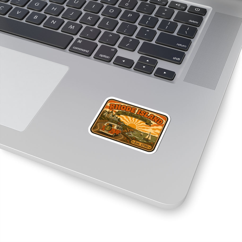 White-bordered sticker showing Rhode Island Ocean State sunset with camper van