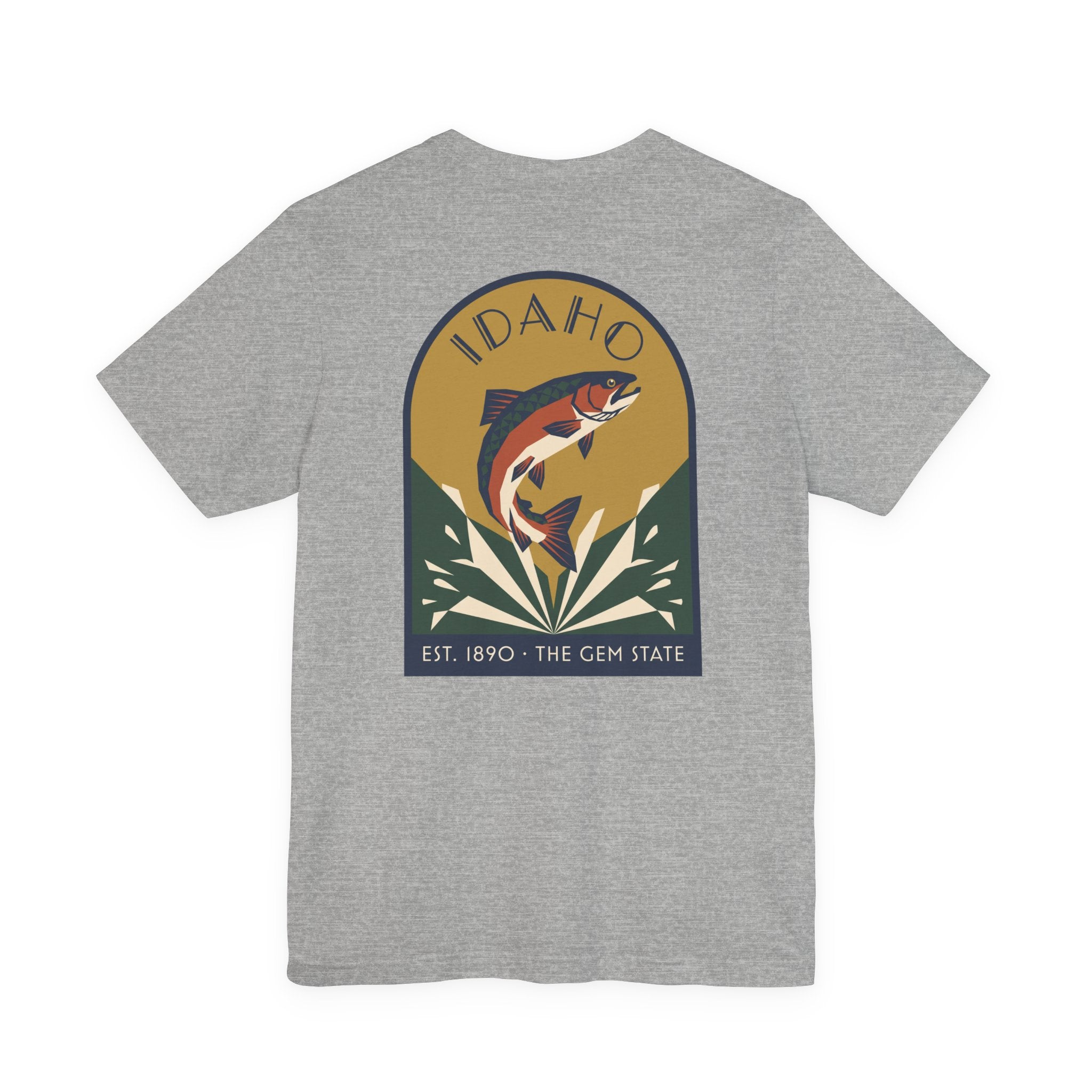 Heather gray crewneck t-shirt with circular Idaho trout badge graphic and "EST. 1890 • THE GEM STATE" text.