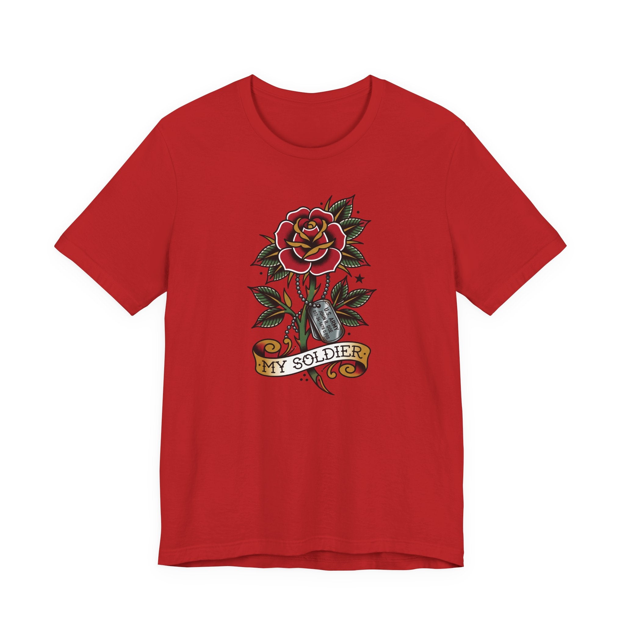 Red T-shirt with rose and dog tag graphic reading “MY SOLDIER”