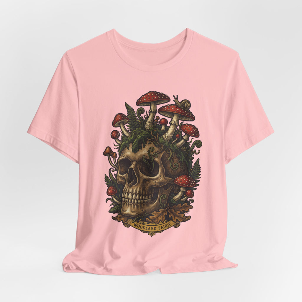 Mushroom skull T-shirt front, soft pink heather with woodland fungi skull graphic
