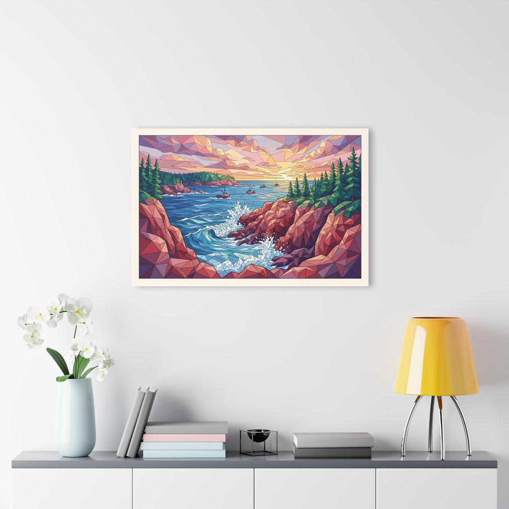 Small framed geometric coastal sunset acrylic wall art with waves and evergreen trees