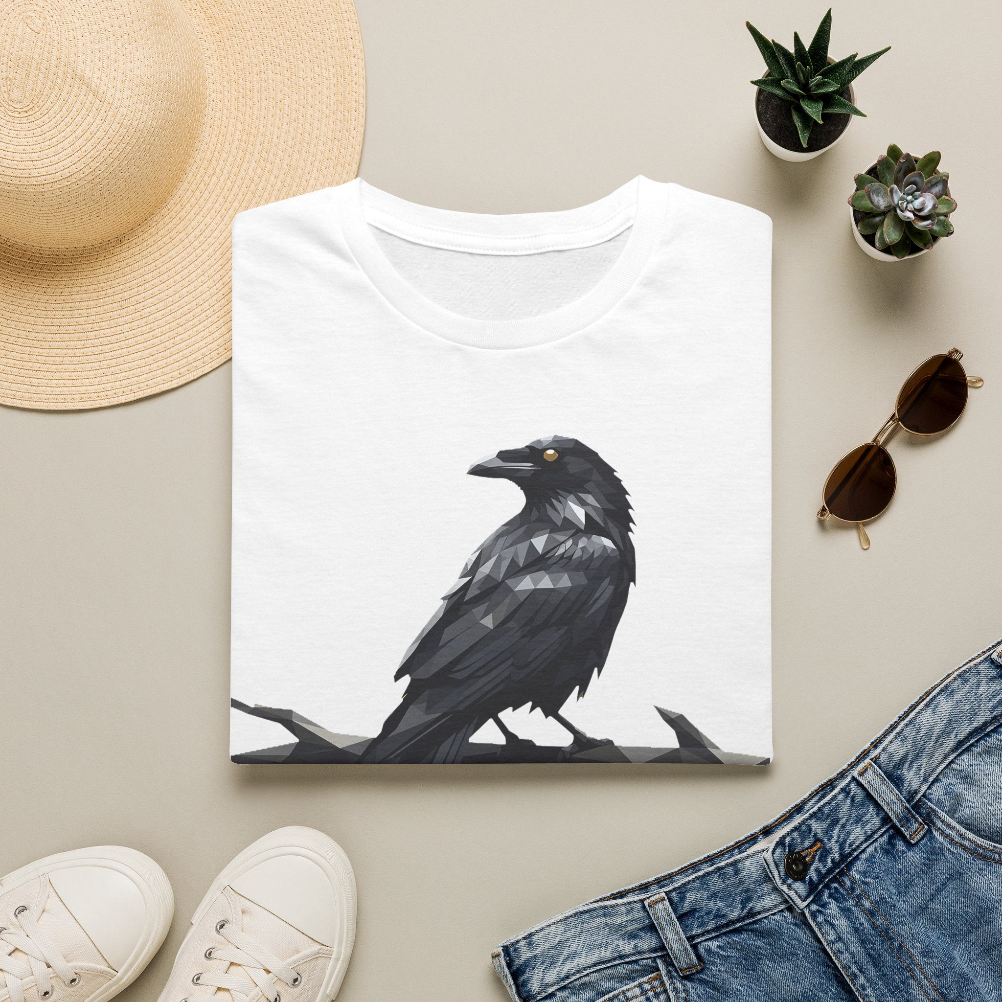 White raven t-shirt with a sitting black crow graphic on the front