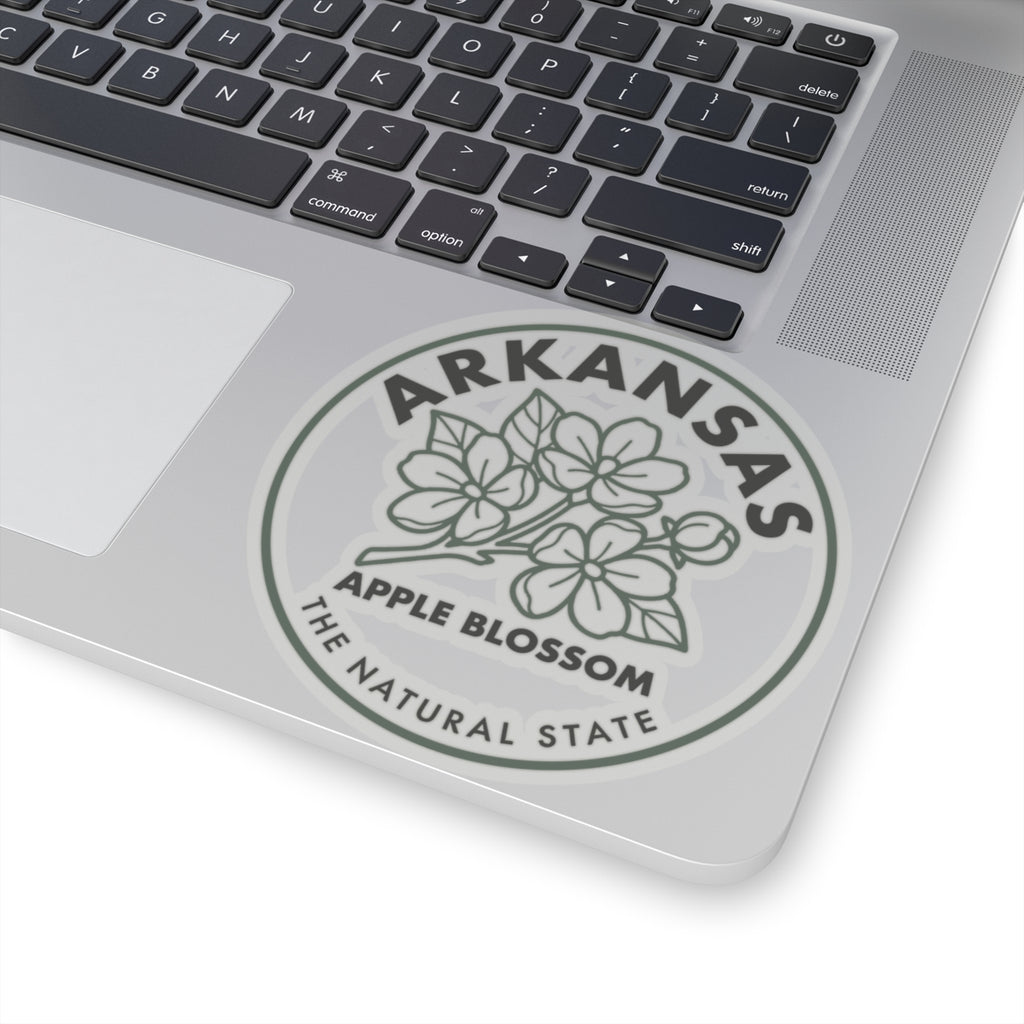 Circular Arkansas apple blossom sticker on laptop, showing blossoms and “THE NATURAL STATE.”