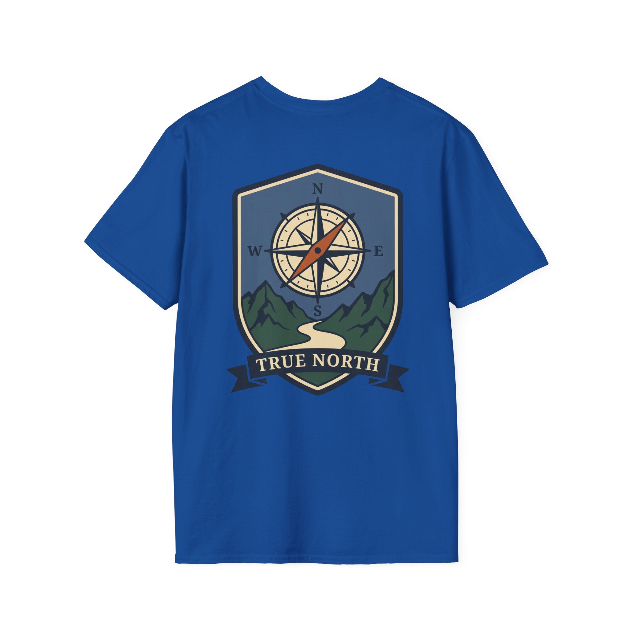 Royal blue T-shirt with compass and mountain shield graphic, crew neck.