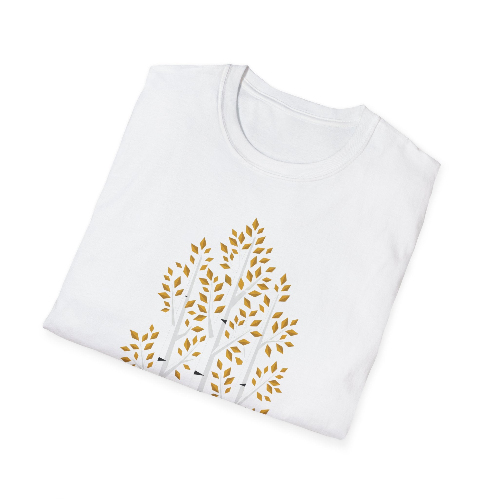 Weißes T‑Shirt mit Birkenwald-Grafik in Gold- und Grüntönen
