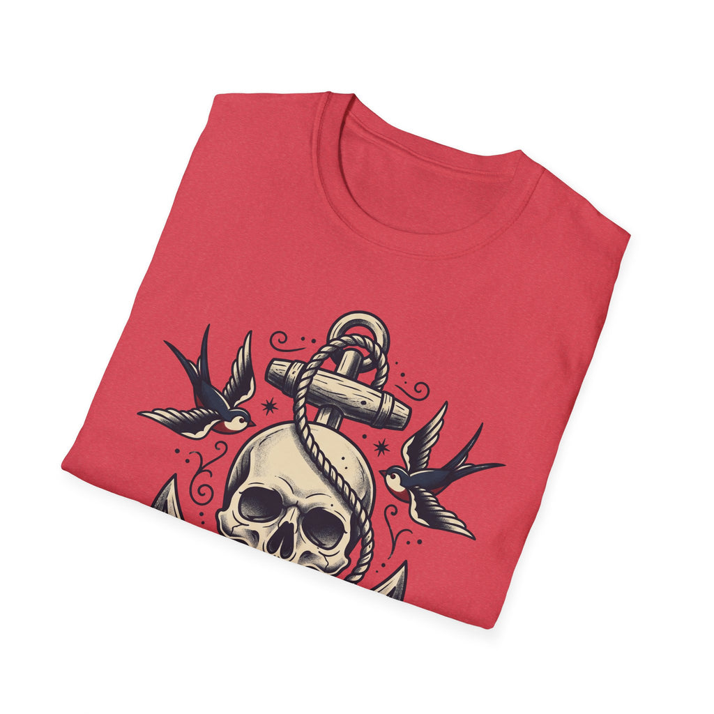 Heather red sailor skull anchor tattoo T-shirt with birds and rope details