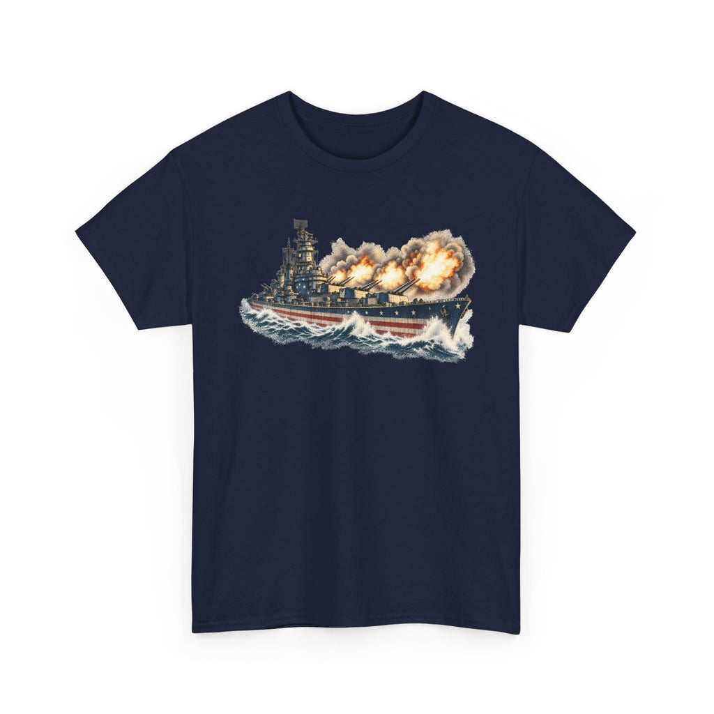 Navy crew-neck T-shirt with battleship firing broadside graphic on front