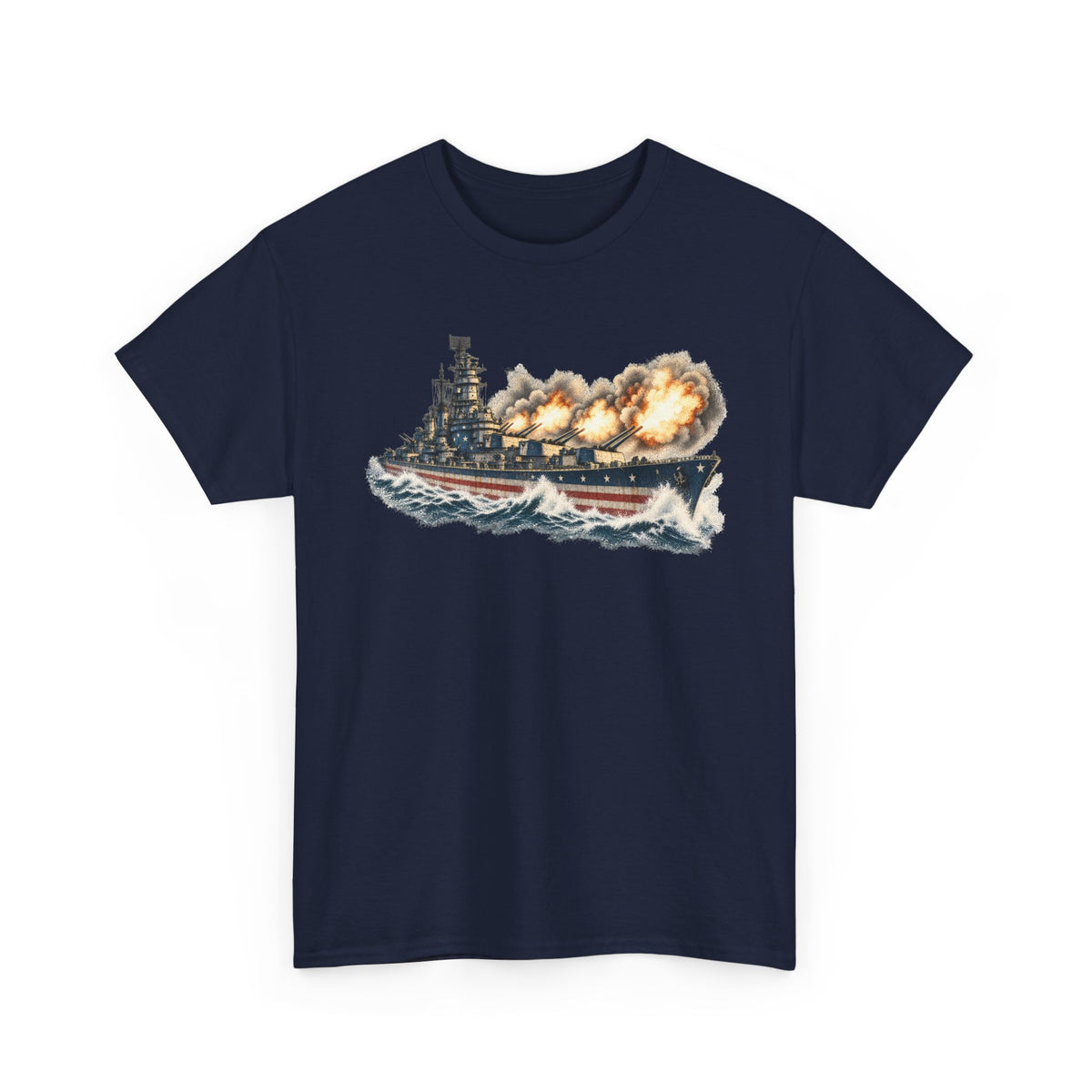 Navy crew-neck T-shirt with battleship firing broadside graphic on front