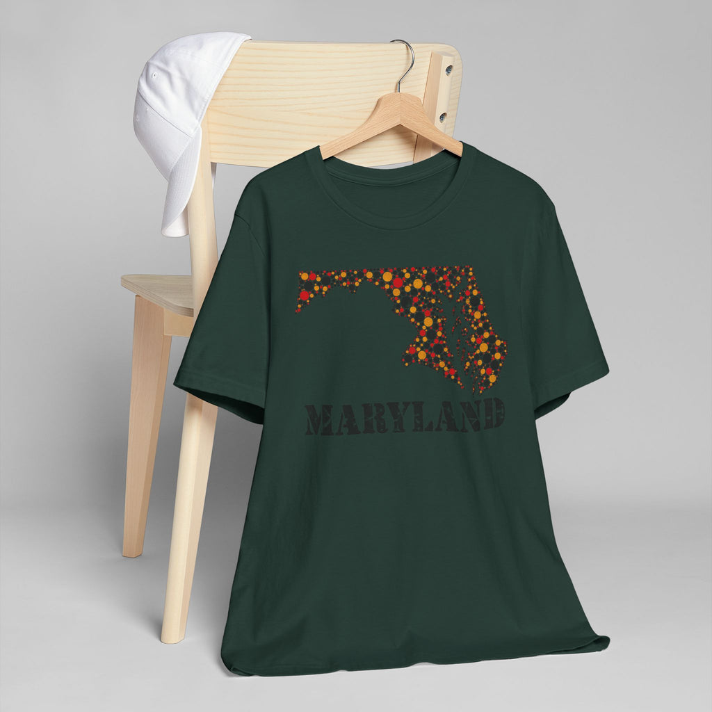 Dark green T-shirt with Maryland floral map graphic and text
