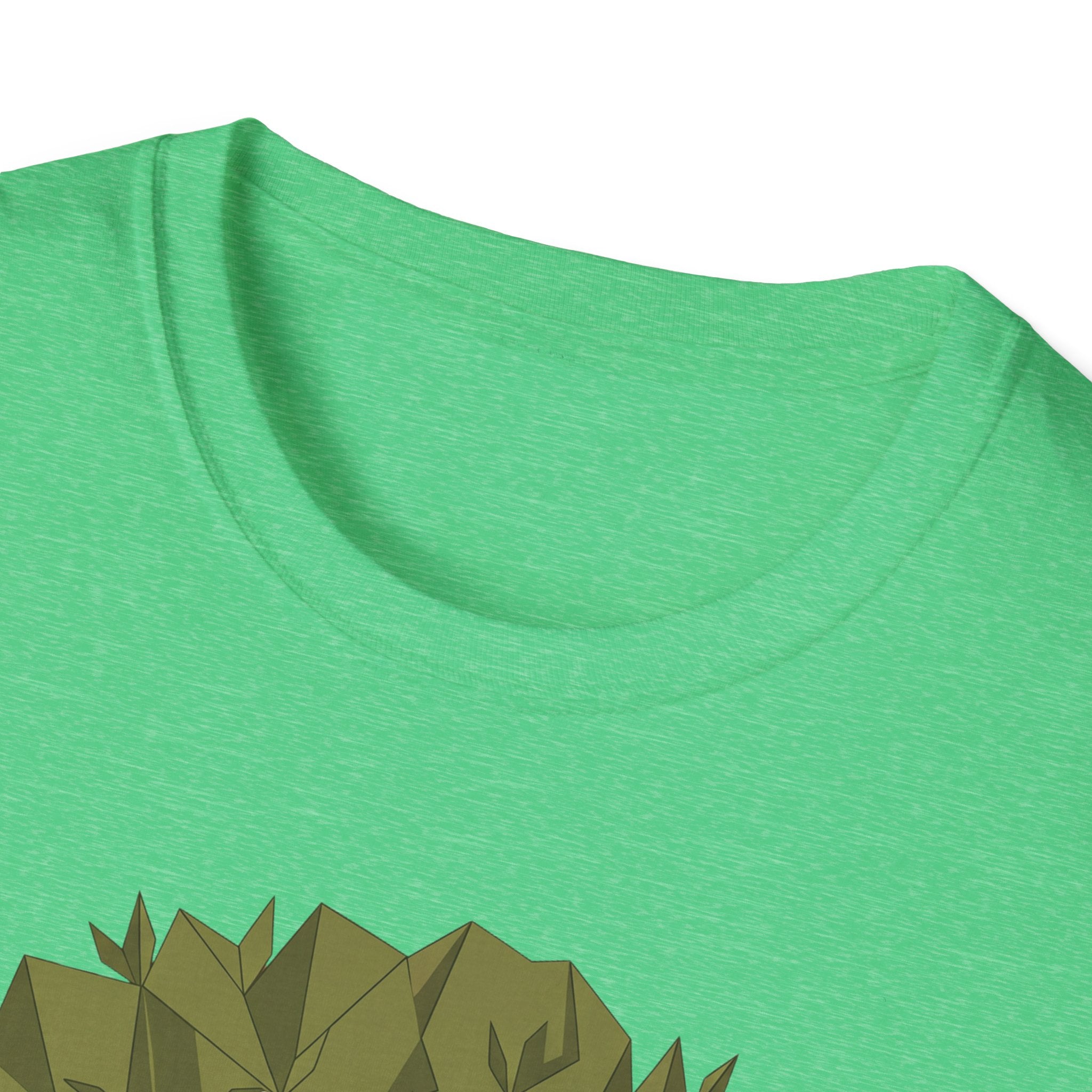 Bright green T-shirt neckline with partial twisted olive tree graphic at bottom