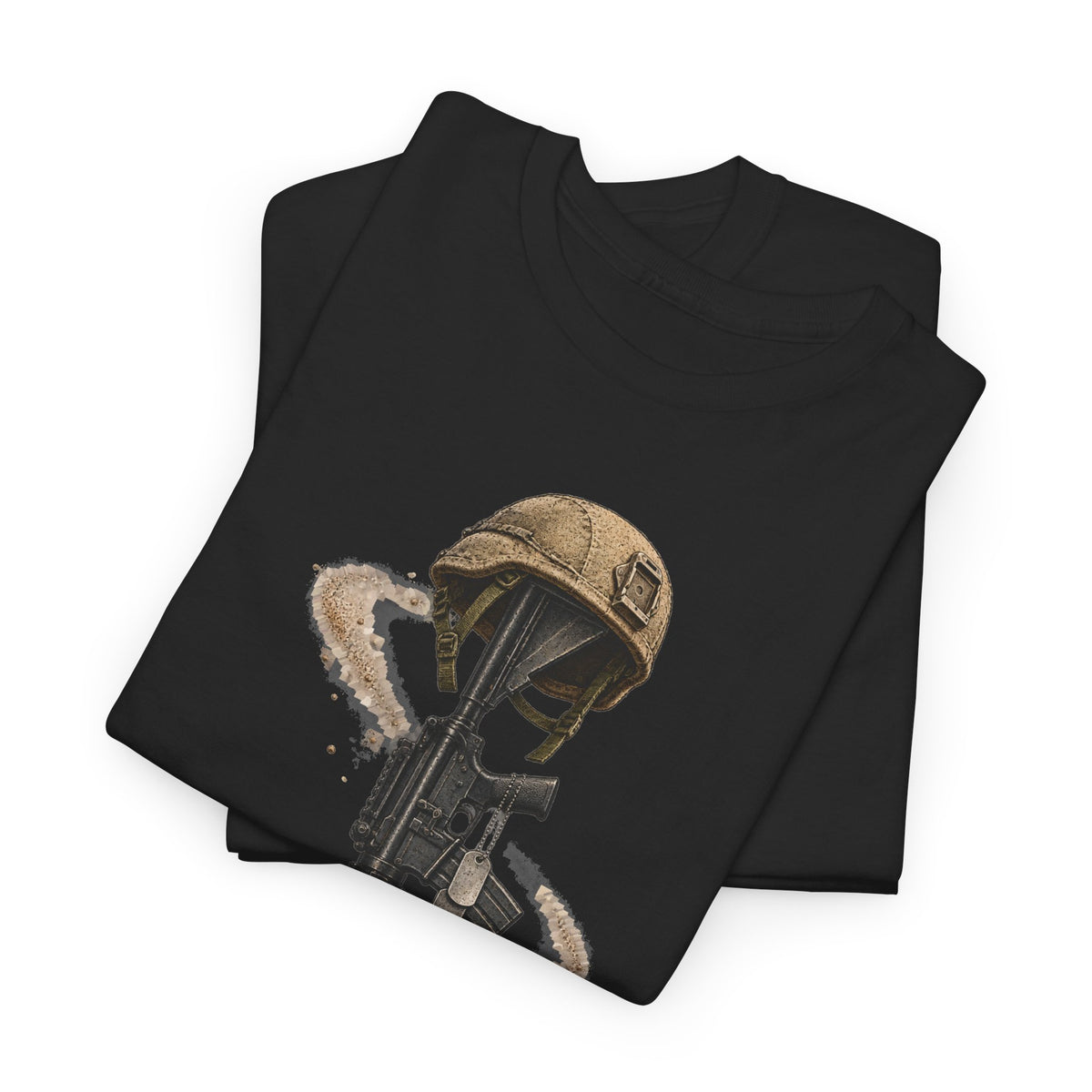 Black crewneck T-shirt with helmet-and-rifle graphic on the front