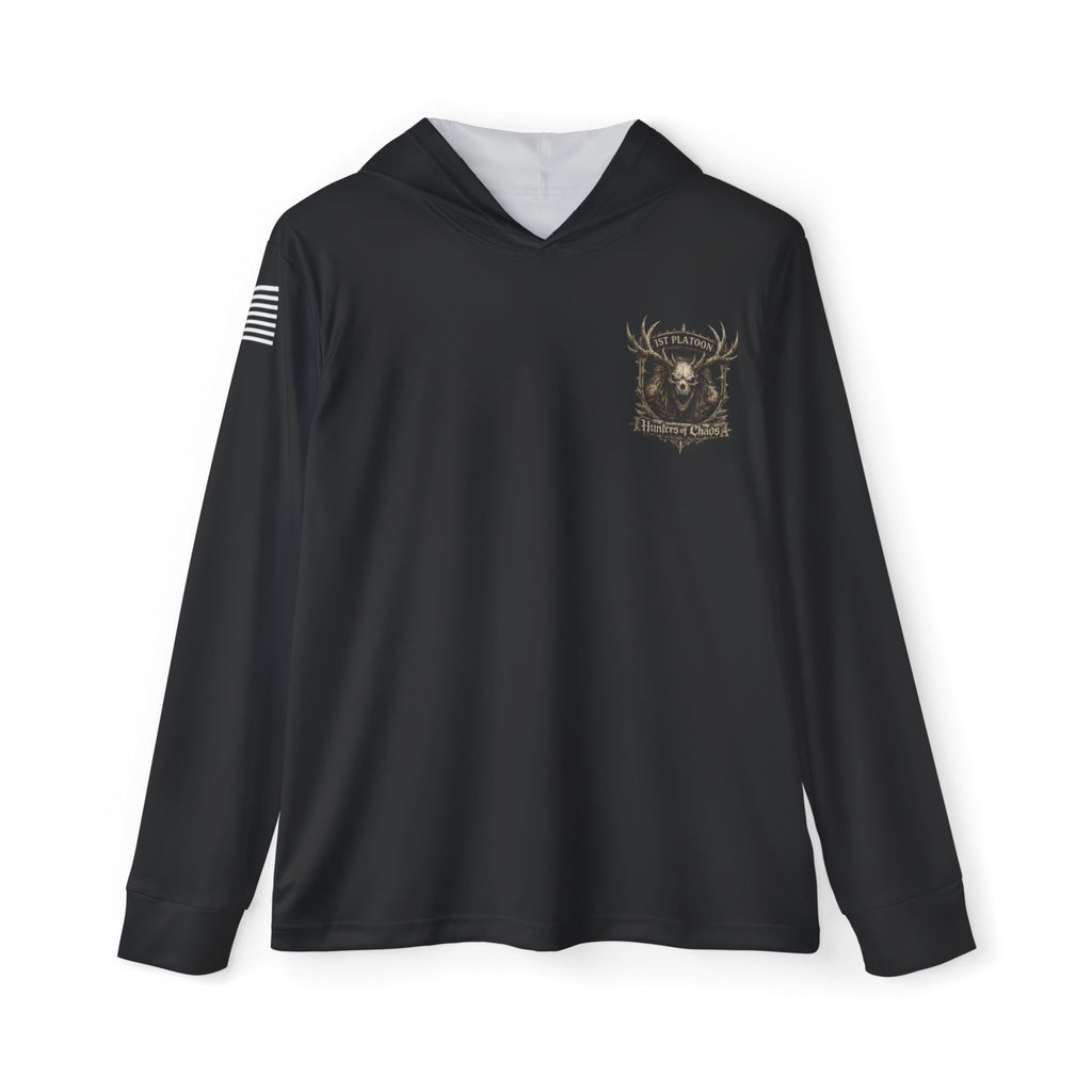 Black thin sport hoodie with front deer emblem logo.