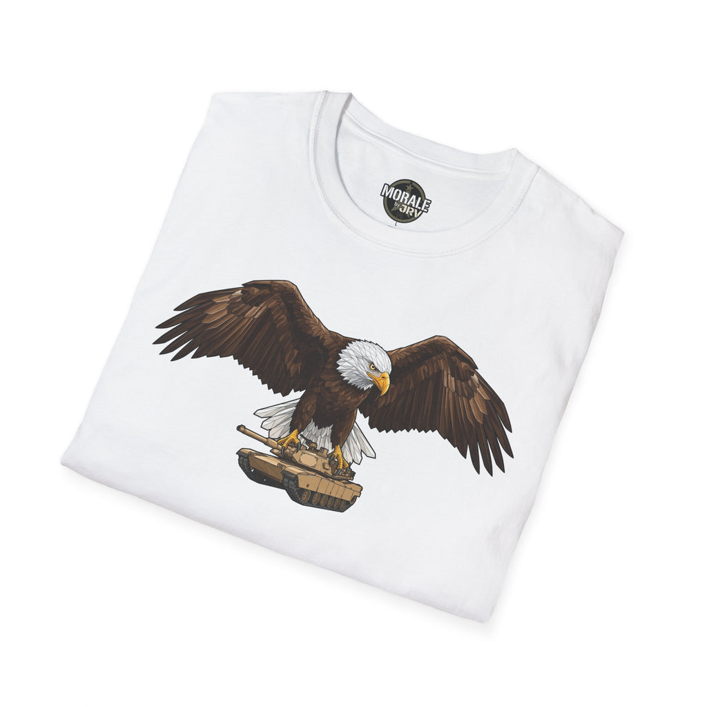 White T-shirt with bald eagle and military tank patriotic print