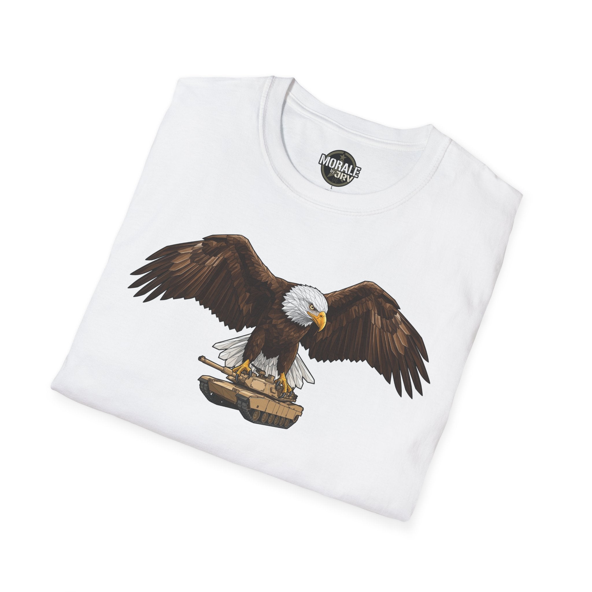 White T-shirt with bald eagle and military tank patriotic print