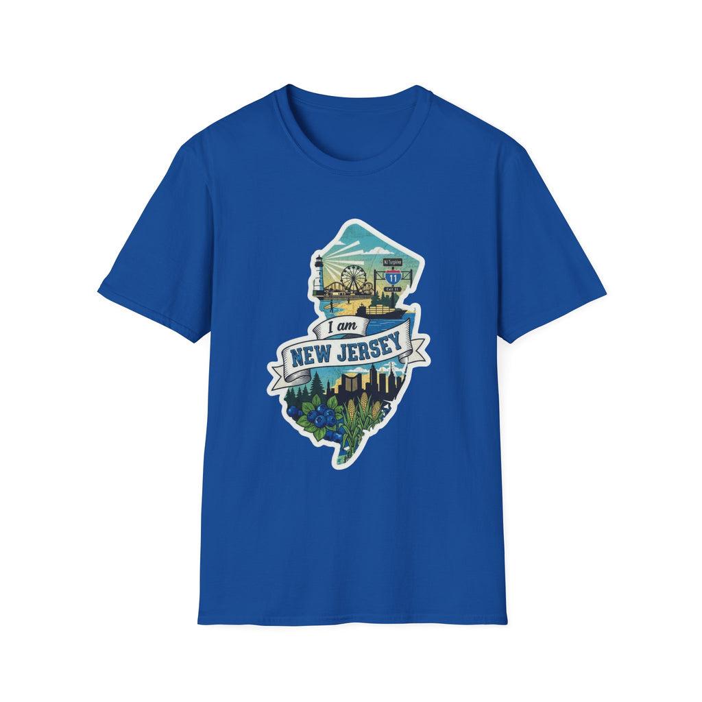Crew-neck T-shirt, royal blue, with New Jersey map skyline graphic on front.