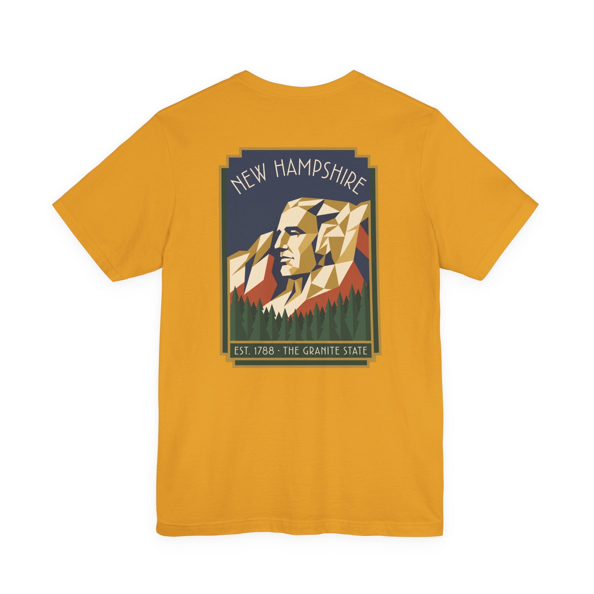 Graphic T-shirt in mustard with square mountain face graphic centered
