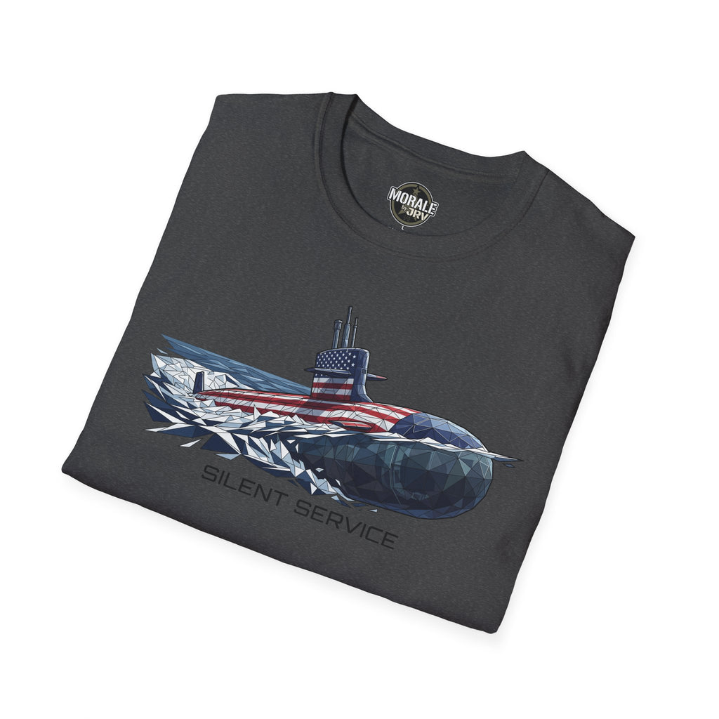 Silent Service submarine T‑shirt in charcoal gray, front graphic with “SILENT SERVICE”