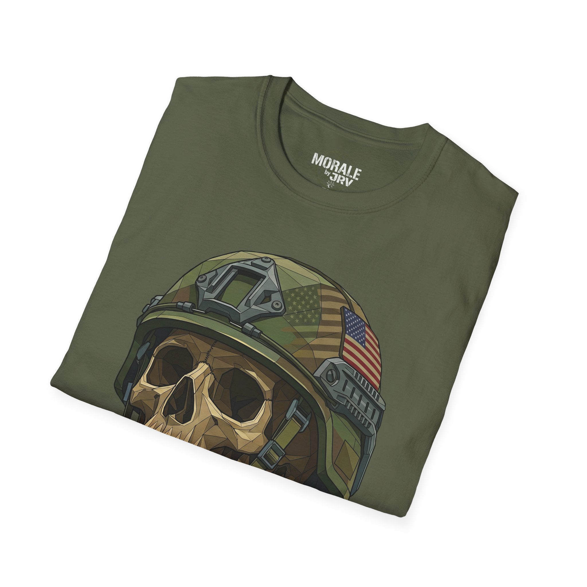 Military green T-shirt with skull in helmet graphic and US flag patch