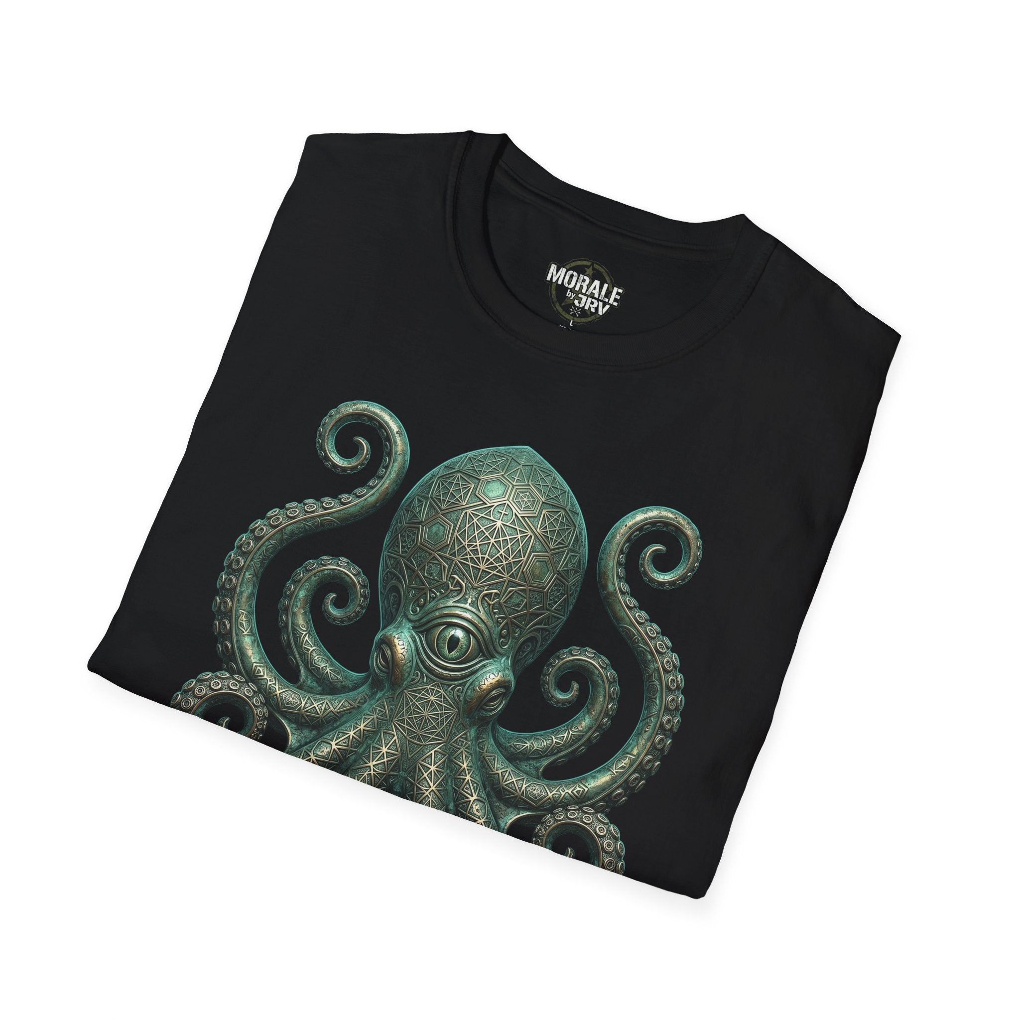 Black T-shirt with teal octopus/kraken geometric illustration on chest