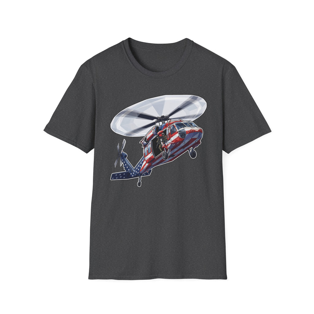 Dark Heather rescue helicopter T-shirt with front helicopter graphic
