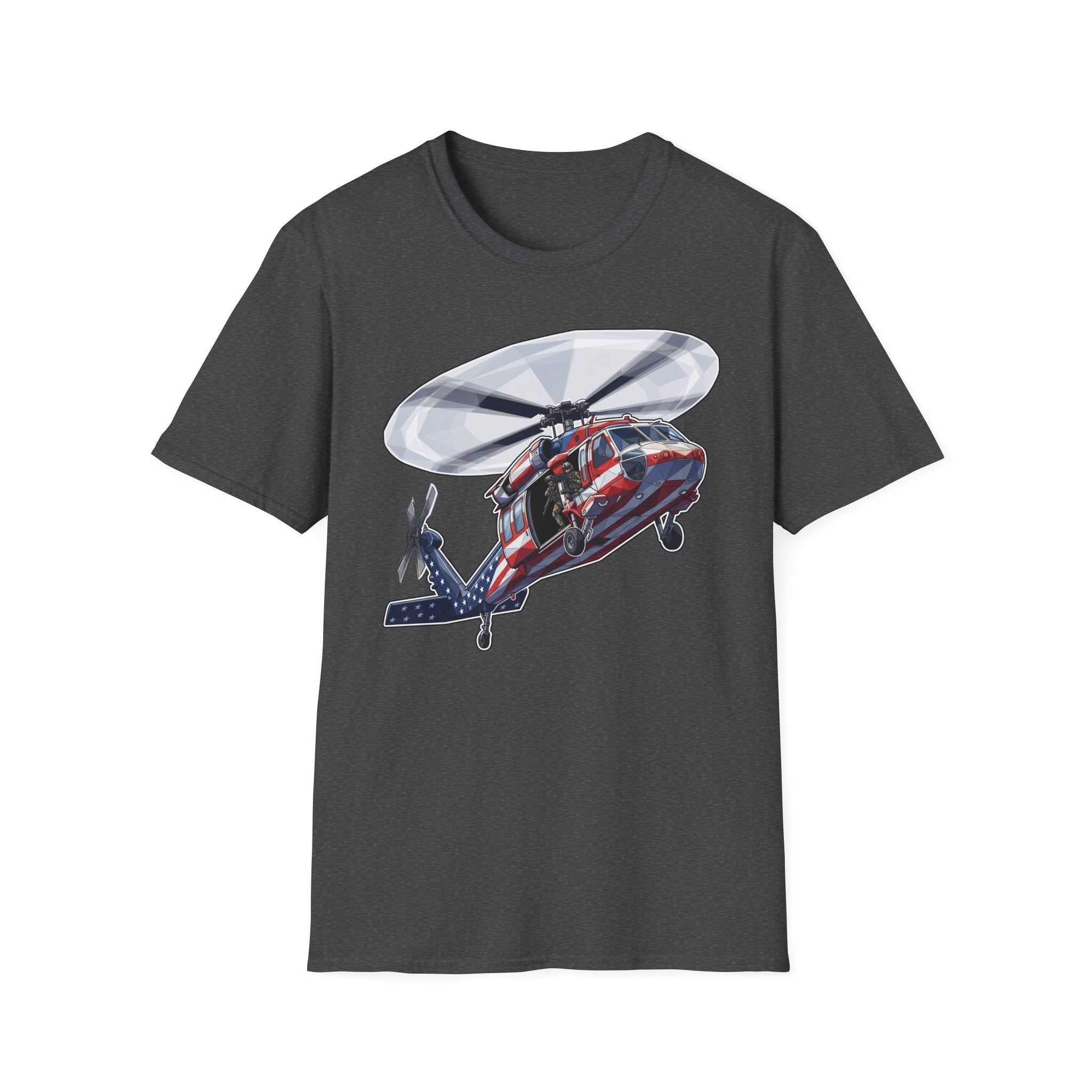 Dark Heather rescue helicopter T-shirt with front helicopter graphic