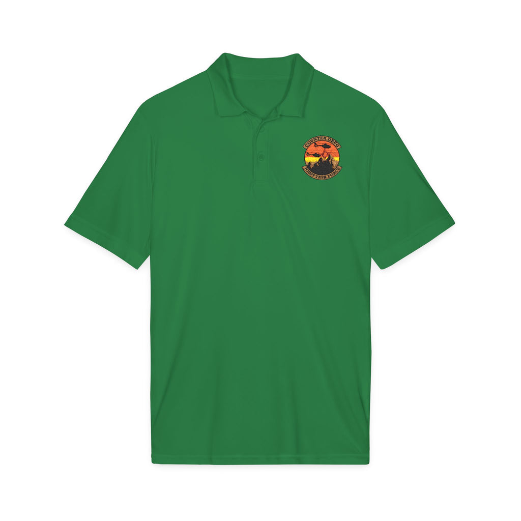 Green polo shirt with embroidered crest on chest, short sleeves, button placket
