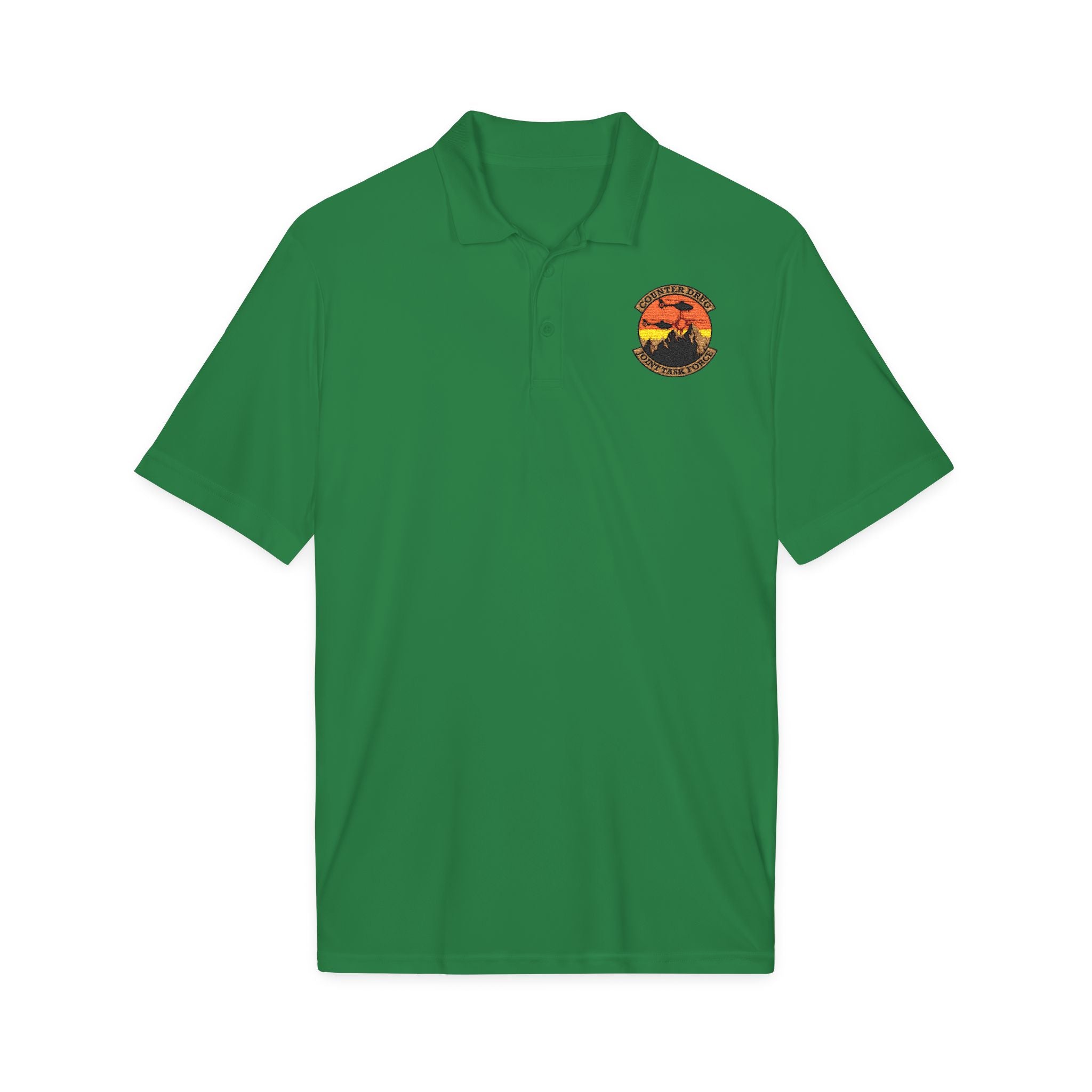 Green polo shirt with embroidered crest on chest, short sleeves, button placket