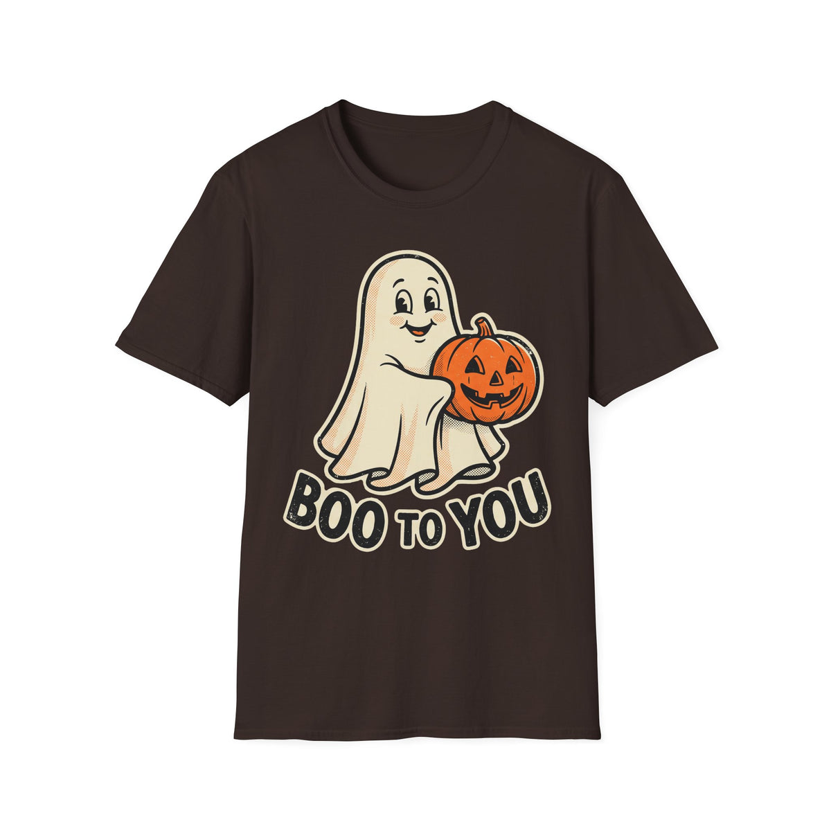 Dark chocolate Halloween ghost graphic T-shirt, ghost holding orange jack-o’-lantern