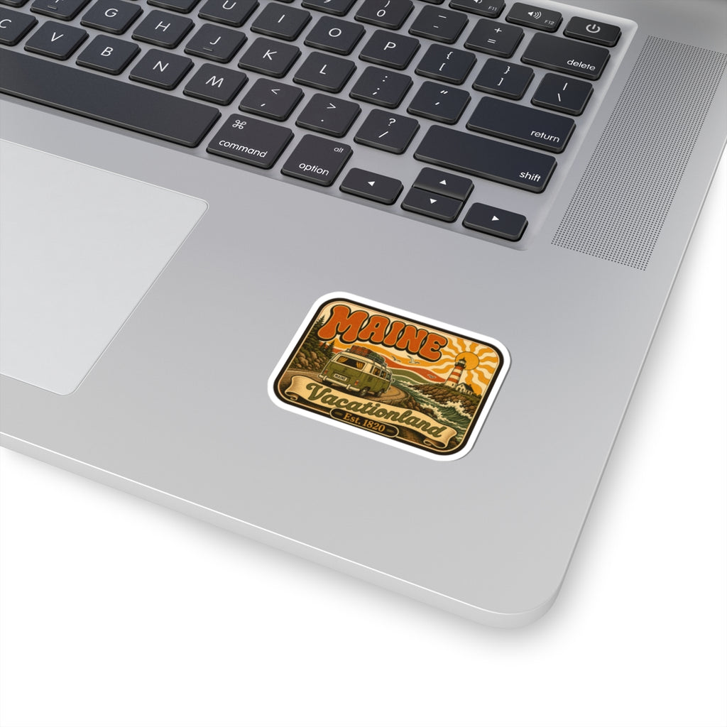 Kiss-cut Maine Vacationland sticker with retro lighthouse and sunset graphic