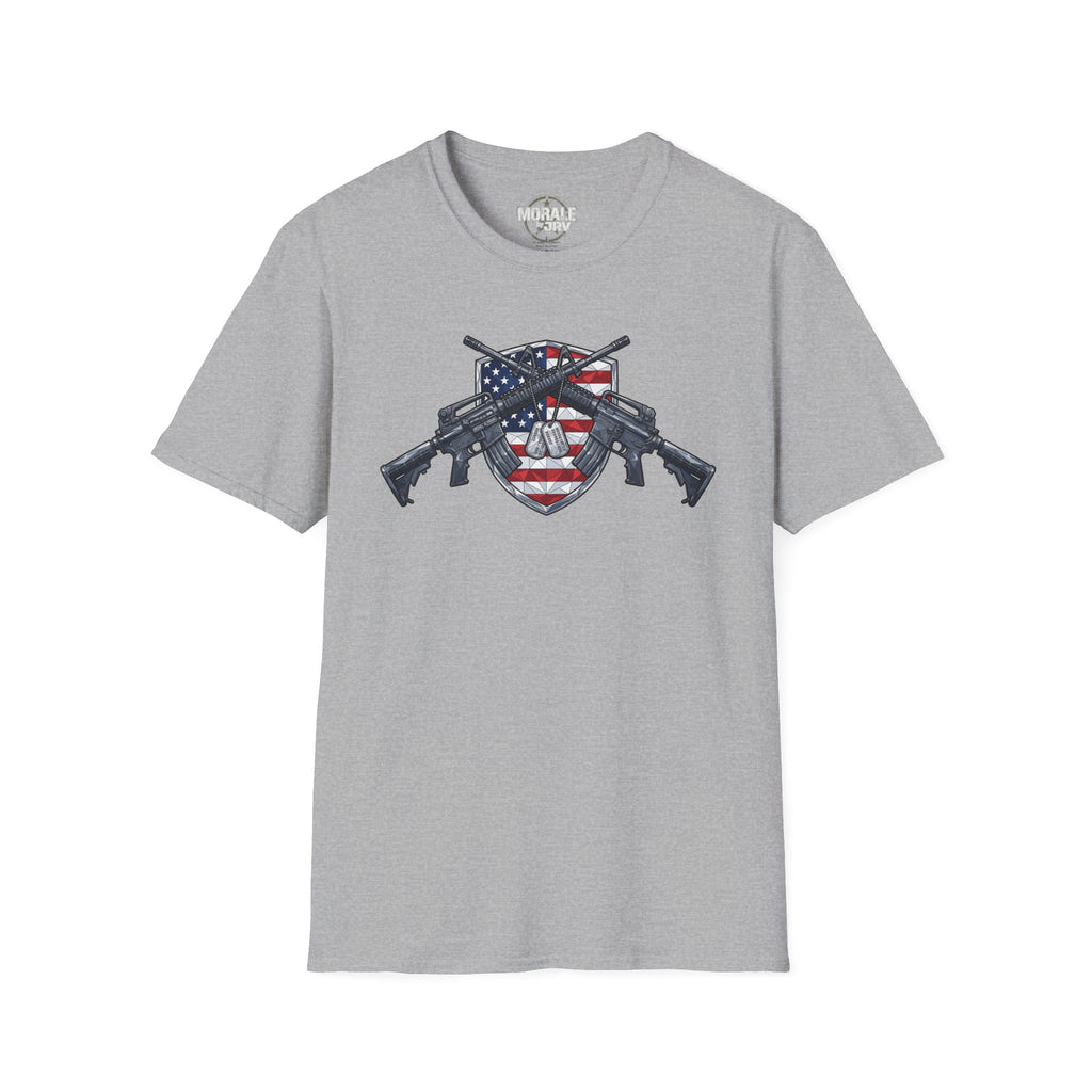 American flag skull shield T-shirt with crossed rifles, heather gray base