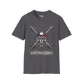 Dark heather T-shirt with geometric skull and crossed arrows print