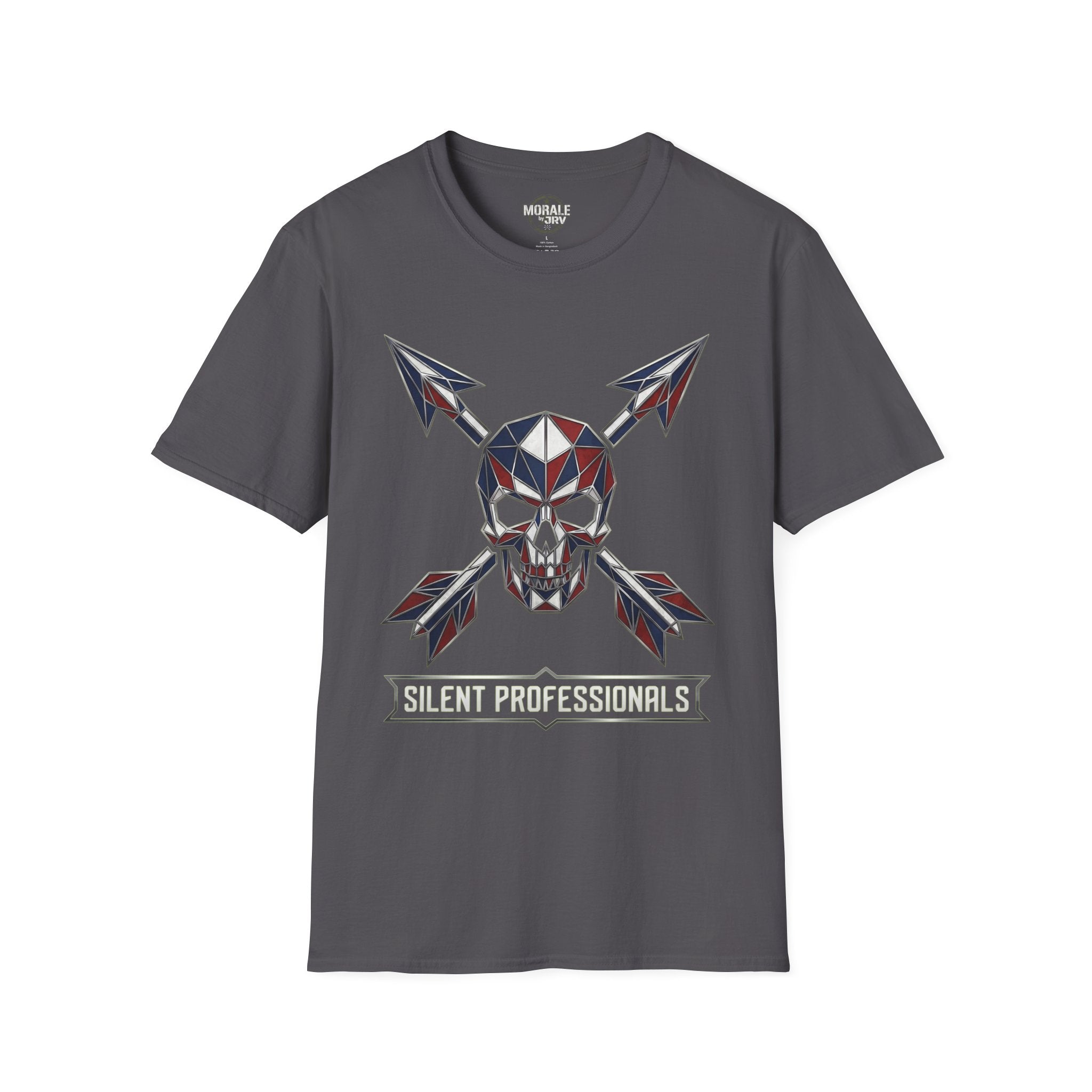 Dark heather T-shirt with geometric skull and crossed arrows print