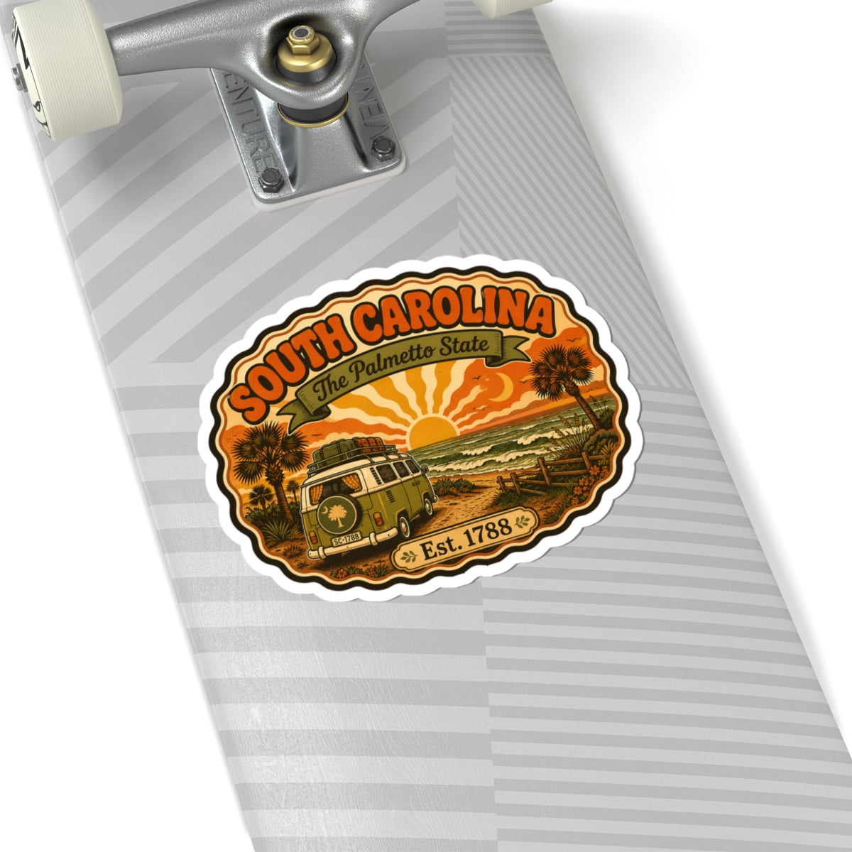 South Carolina round decal on a mailing label; camper truck, sunset, Palmetto State, Est. 1788.