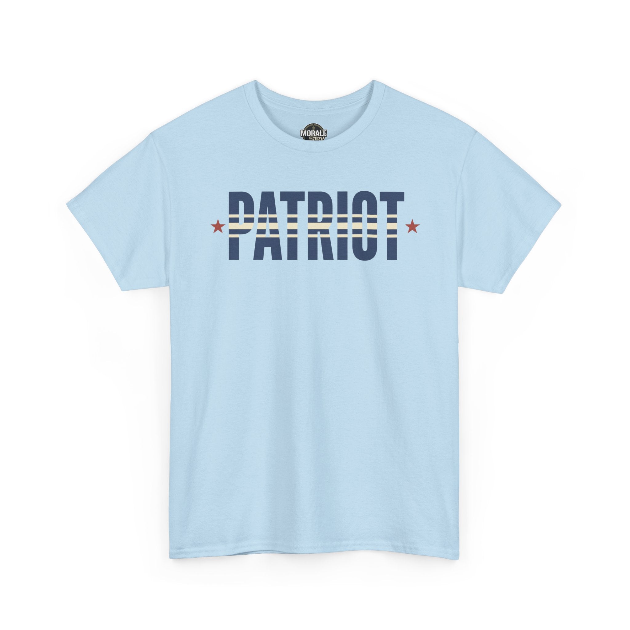Light blue patriot graphic T-shirt with “PATRIOT” text and flag stripe design on front