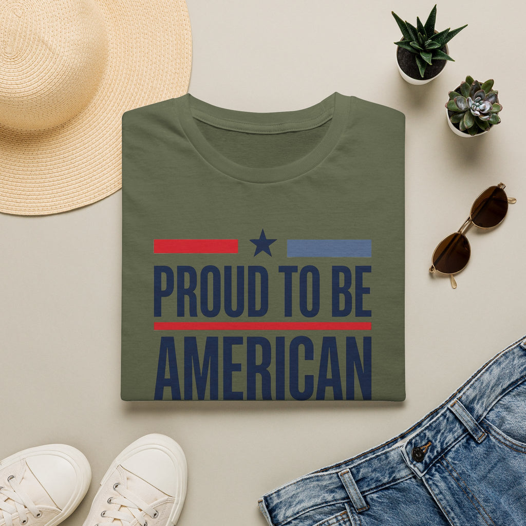 Military green crewneck T-shirt with star-and-stripe "PROUD TO BE AMERICAN" print