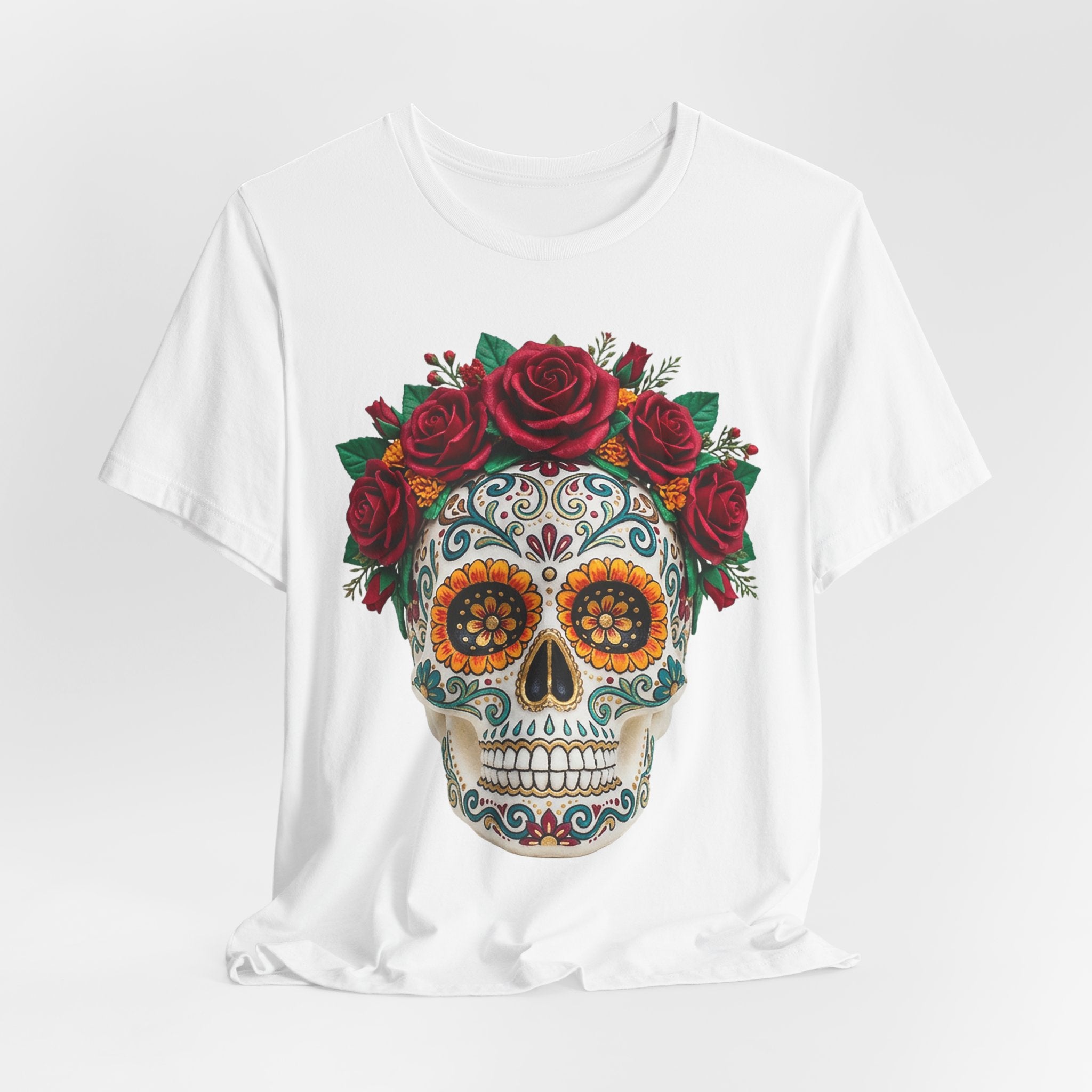 Sugar skull T-shirt with red rose crown, front graphic on white shirt