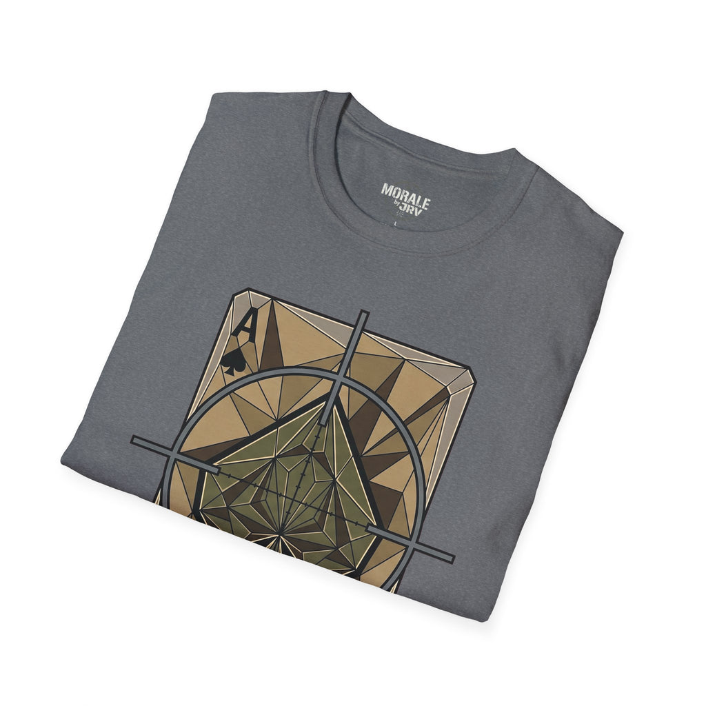 Charcoal heather T-shirt with target crosshair and card spade graphic on front
