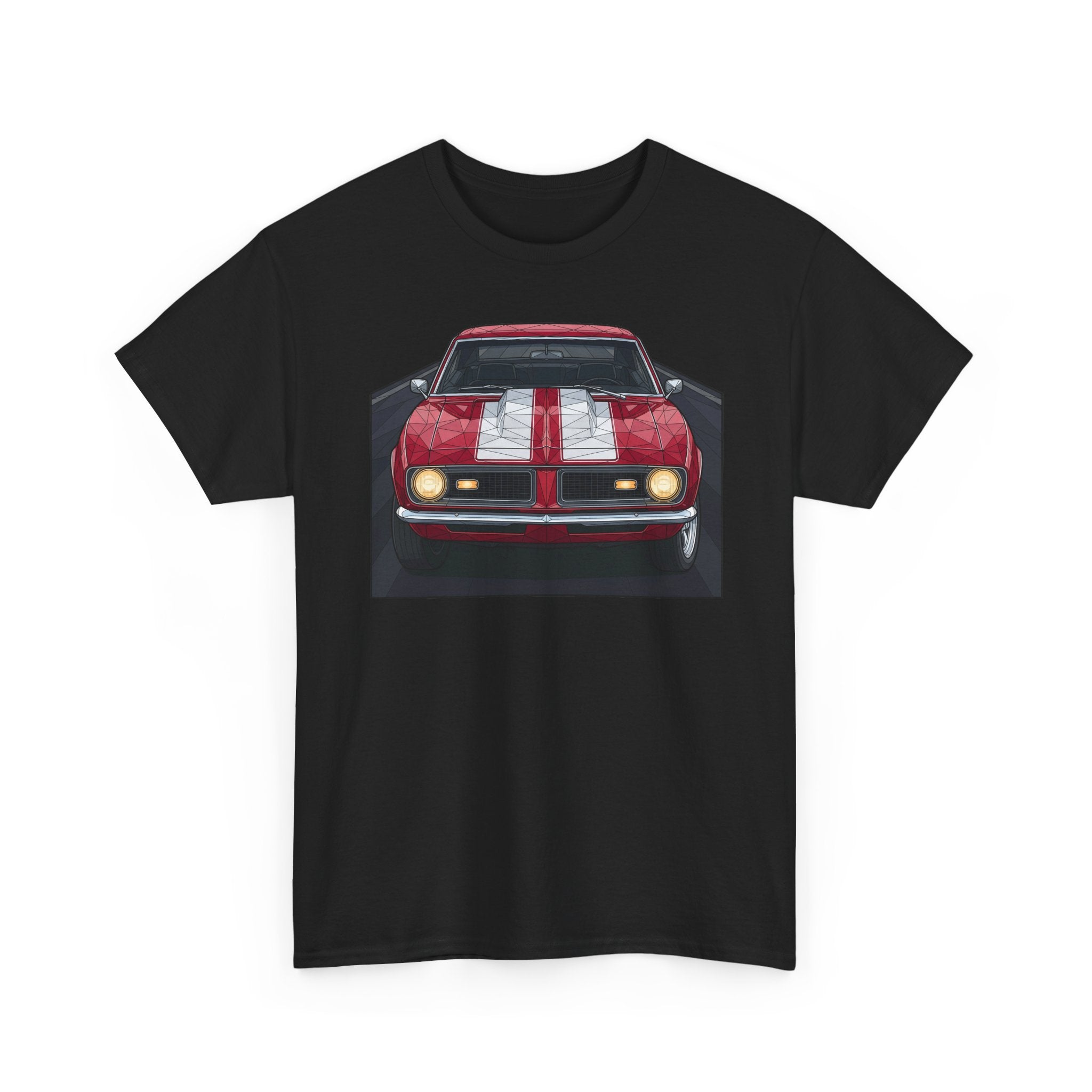 Black crew-neck tee with red vintage car front graphic centered on chest