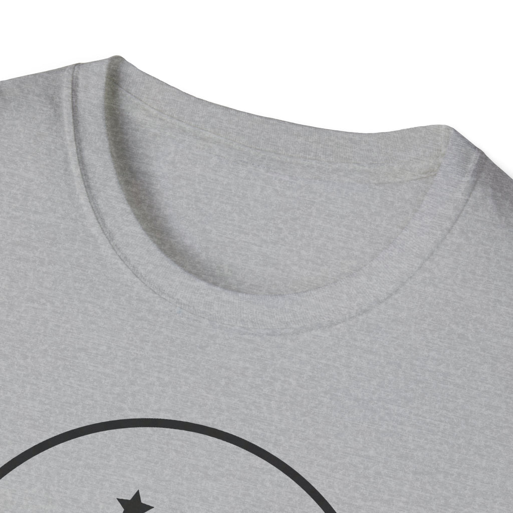 Light gray t-shirt neckline with partial black crescent-and-star circle graphic