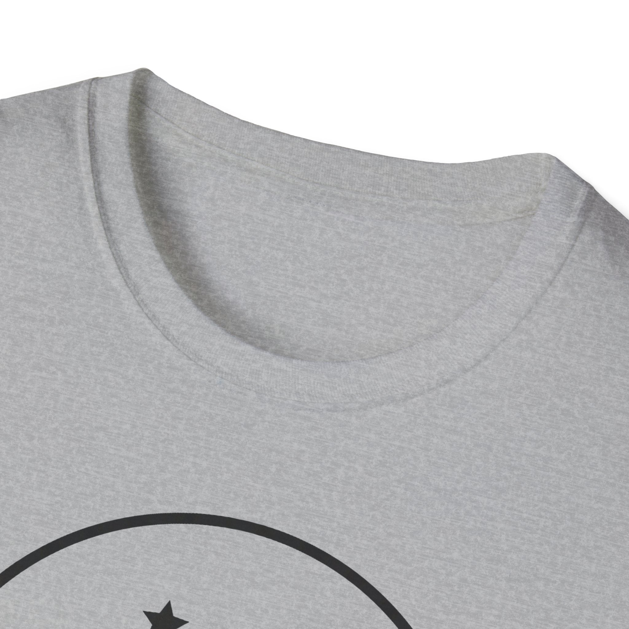 Light gray t-shirt neckline with partial black crescent-and-star circle graphic