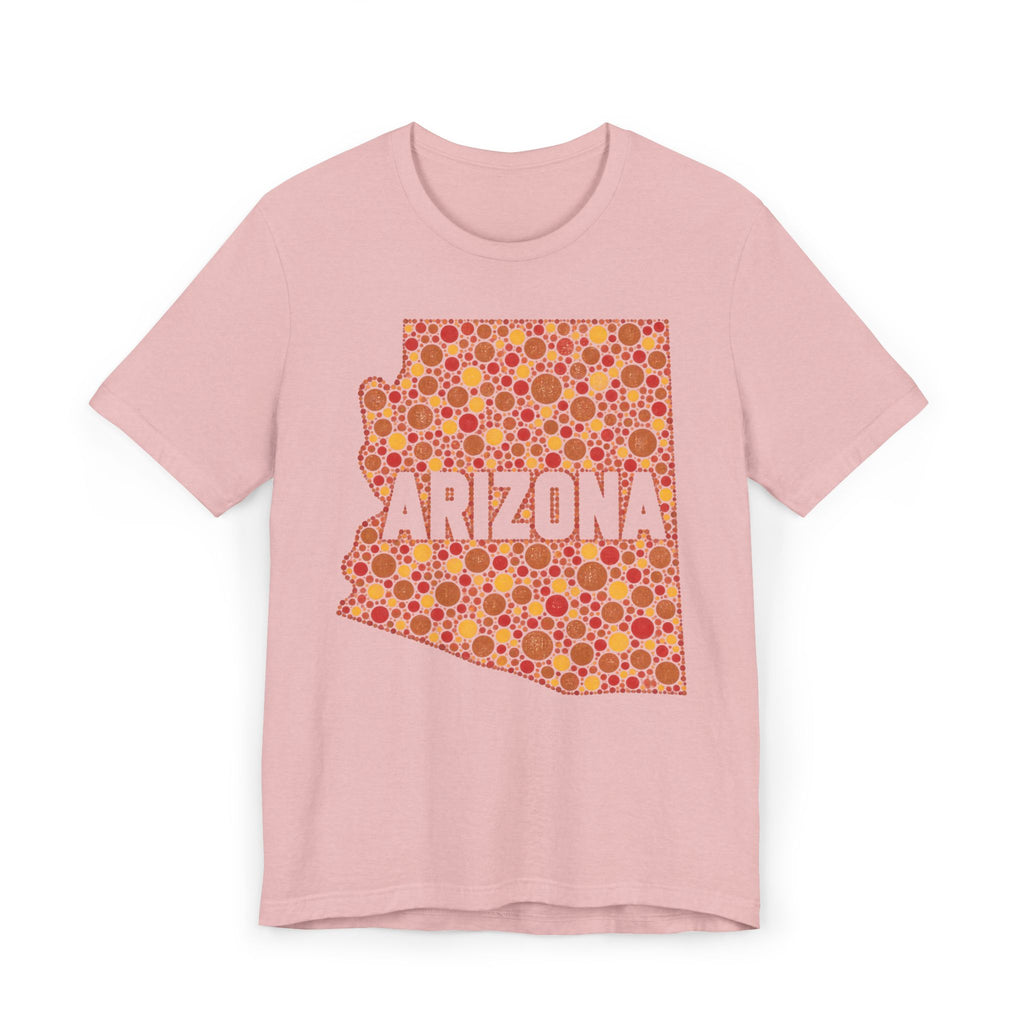 Pink short-sleeve T-shirt with orange Arizona patterned graphic