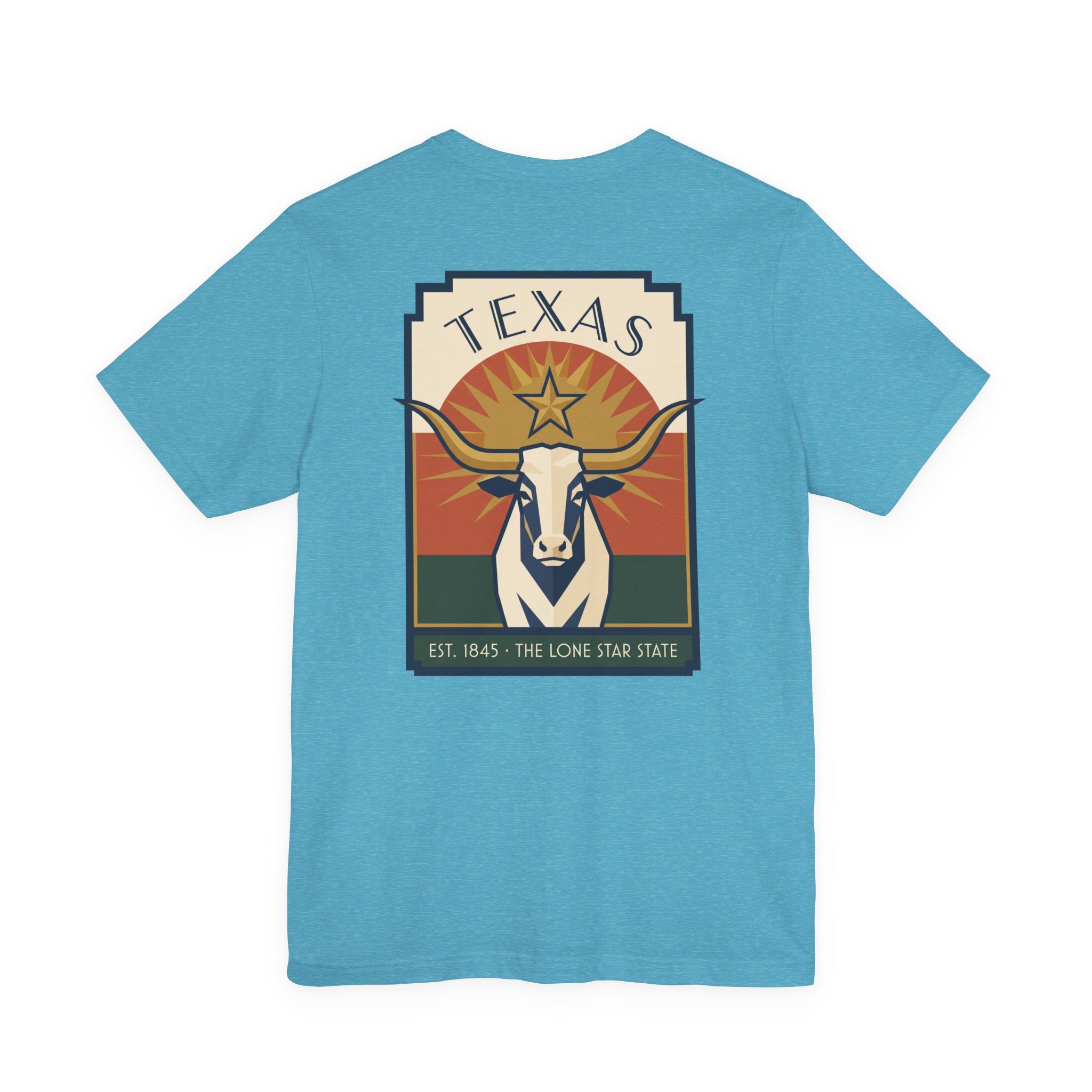 Heather aqua T-shirt with retro Texas graphic, longhorn head and star logo in square frame