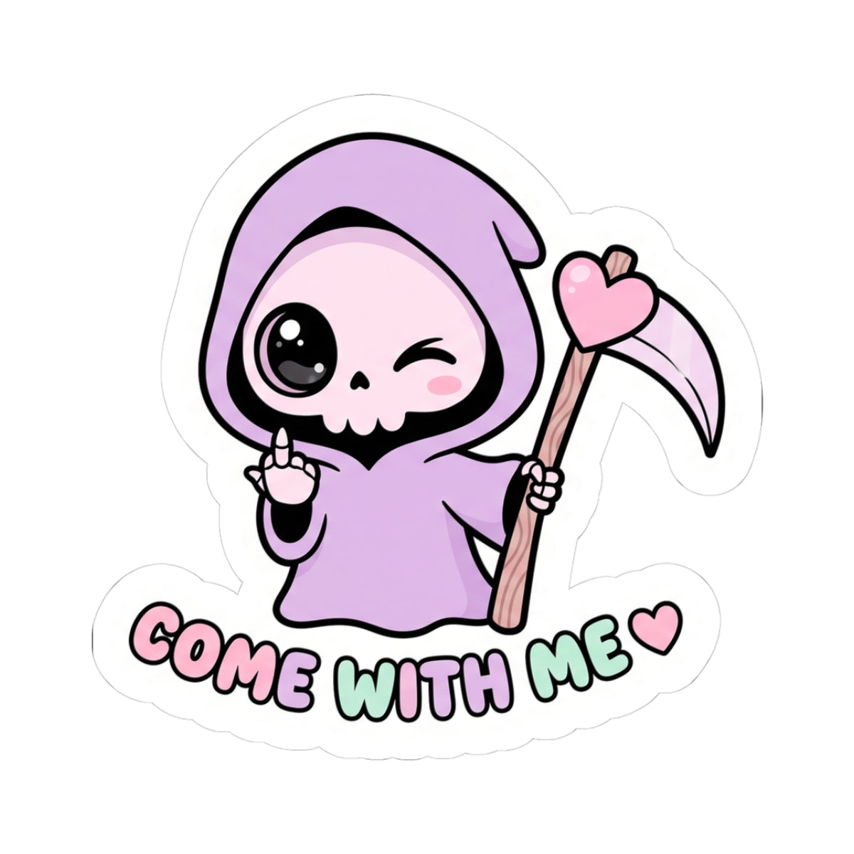 Cute purple grim reaper sticker with scythe and heart, text “COME WITH ME”.