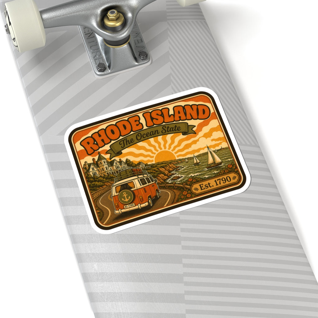 Rhode Island sticker on striped folder, Ocean State sunset, Est. 1790, camper van