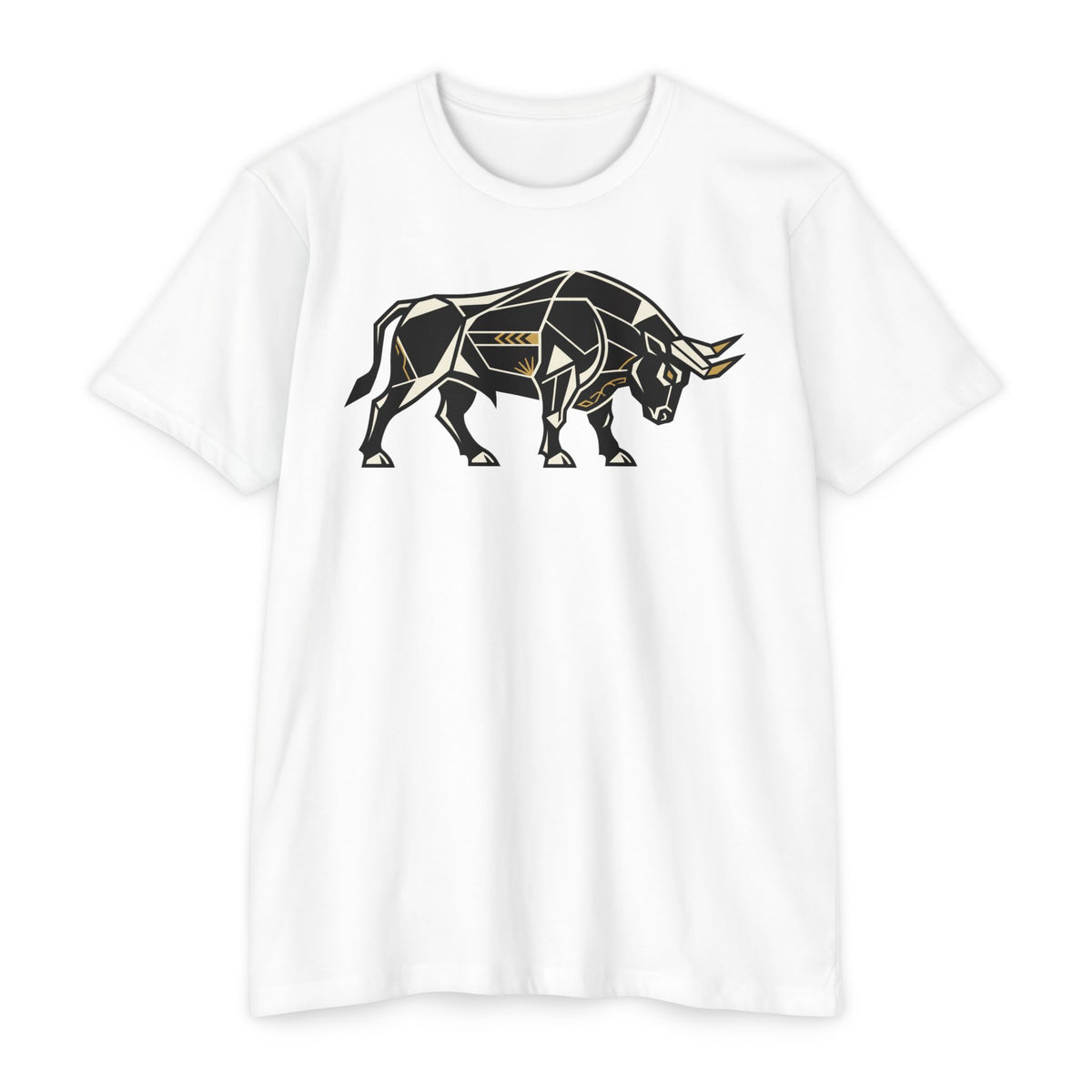 White bull graphic t-shirt with geometric charging bull illustration on chest