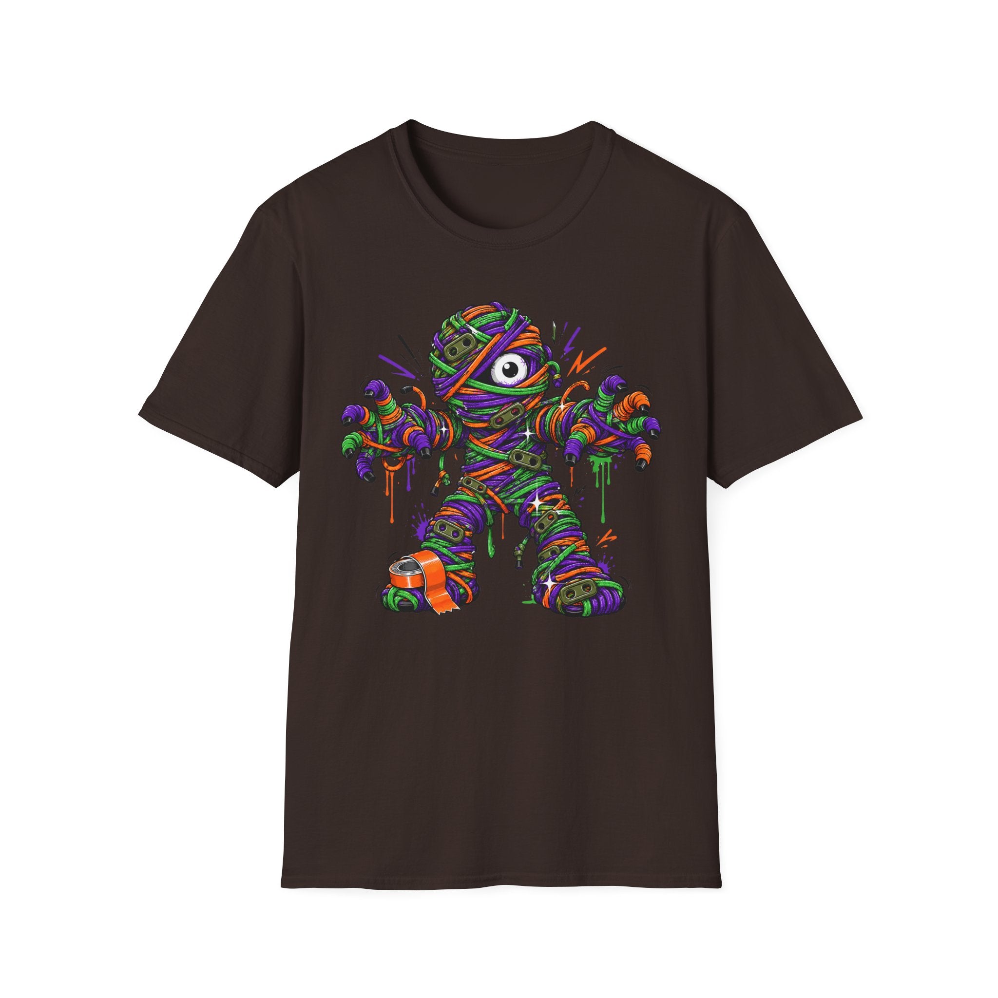 Dark brown wrapped monster graphic t-shirt with colorful mummy front print
