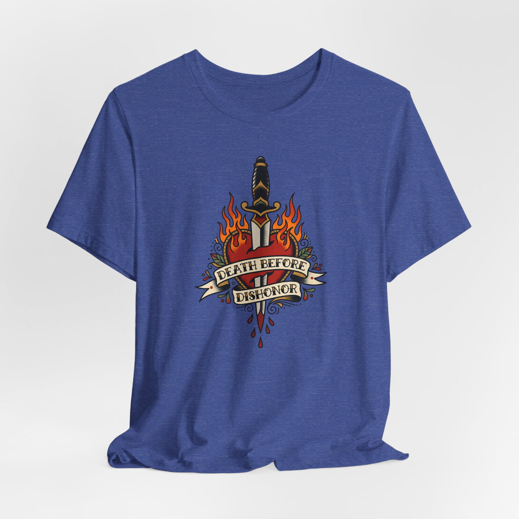 Royal blue T-shirt with flame dagger graphic and banner